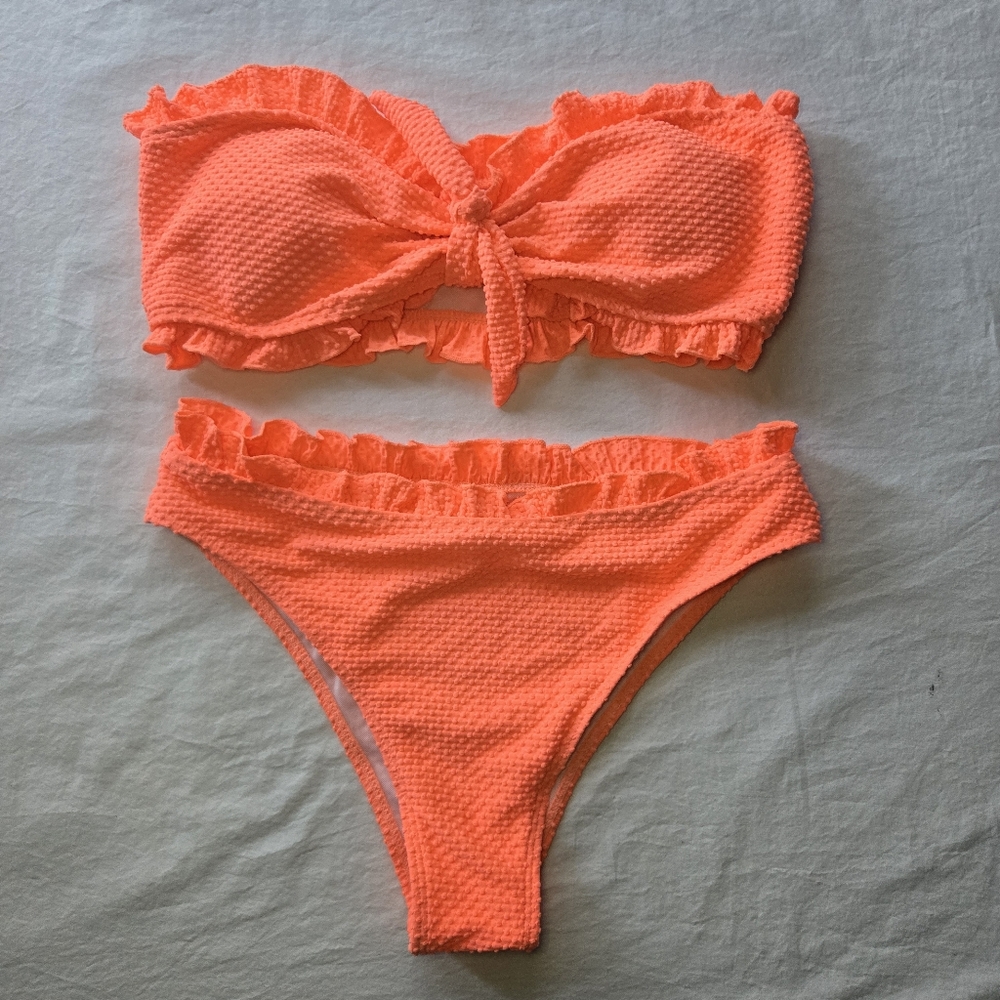 NWOT, Neon Coral Ruffle Bandeau Bikini Set, L
